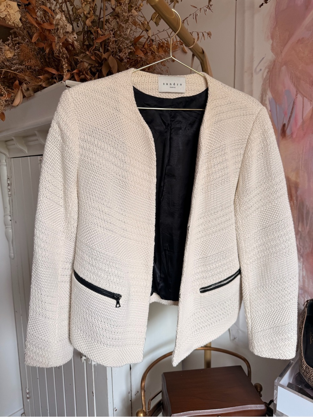 Sandro Cream Textured Open-Front Jacket